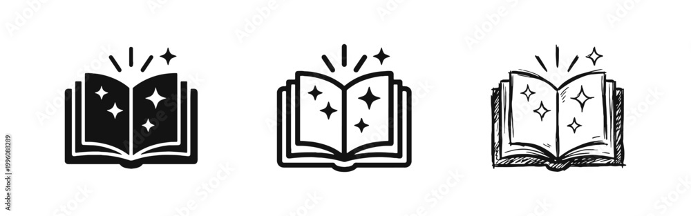 Naklejka premium Open Magic Book with Sparkles Icon Set for Fantasy Storytelling and Education