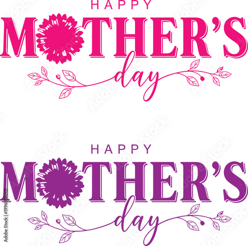 Festive mother's day graphic with floral accents and calligraphic text in pink and purple tones