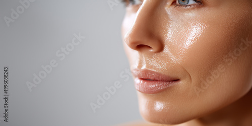 close-up of cheek with luminous hydration layer and reflected light, blurred lab background, premium skincare branding