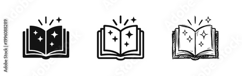Open Magic Book with Sparkles Icon Set for Fantasy Storytelling and Education