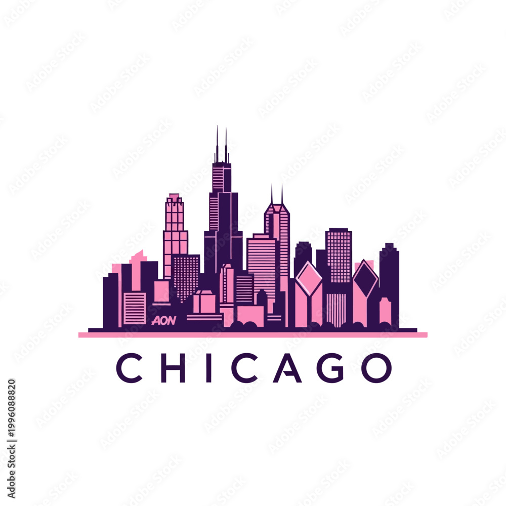 Fototapeta premium Chicago Skyline Illustration Pink Purple Tones.