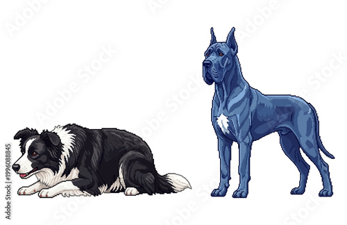 Pixel art depiction of a border collie lying down and a great dane standing
