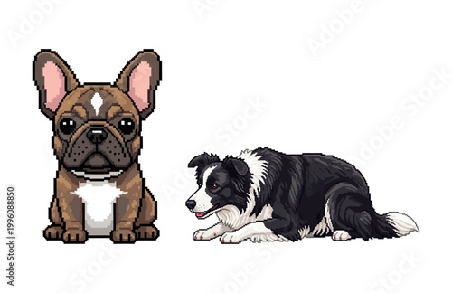 Charming Pixel Art Dogs Adorable French Bulldog and Energetic Border Collie Illustration Set