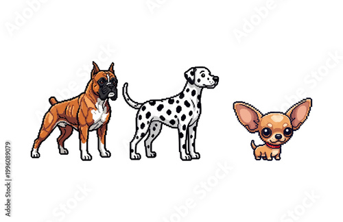 Three adorable pixel art dogs boxer, dalmatian, and chihuahua in a row