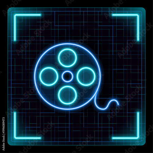 Movie film camera roll icon, vintage filmmaking reel. Cyber neon futuristic icon collection, editable strokes in graphic style.
