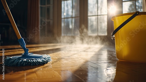 Sunlit Wooden Floor Being Mopped with Steam Rising.
