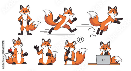 Cute Fox Character Set in Various Poses and Actions.