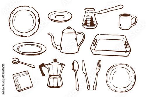 Hand drawn tableware set in brown line style. Coffee and tea utensils, plates, cups, teapot, cezve and dessert serving items with simple minimal outline.