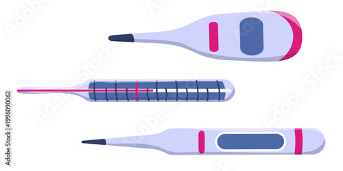 Collection of medical thermometers featuring both modern digital displays and a traditional analog glass model, perfect for healthcare infographics, clinical diagnostics, and medical safety materials.