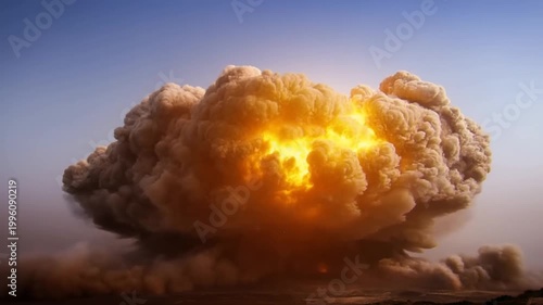A massive nuclear explosion in a barren desert, iconic mushroom cloud rising rapidly