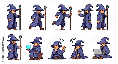 Pixel Art Wizard Character Set Various Poses.