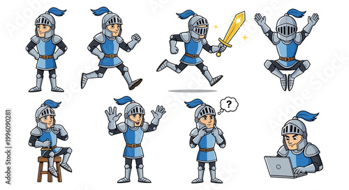 Set of Cartoon Knights in Various Poses and Actions.