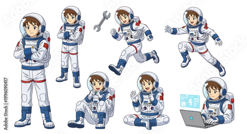 Astronaut character set in various poses and actions.