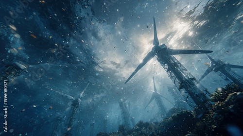 Wide-angle view of an underwater wind turbine farm with sunlight rays filtering through water, floating particles and marine environment