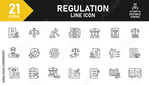 Regulation line icon set. Set of 21 outline icons related to rules, authority, law, penalty, compliance, government, ethic and others. Editable stroke. Vector illustration.