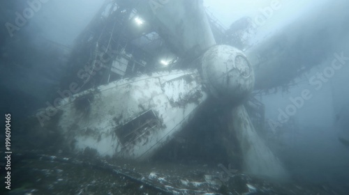 Abandoned underwater wind turbine, decaying offshore energy structure, post apocalyptic ocean scene