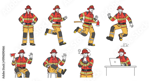 Collection of Firefighter Poses and Actions.