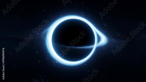A supermassive black hole in deep space, glowing accretion disk swirling rapidly around it