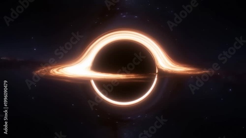 A supermassive black hole in deep space, glowing accretion disk swirling rapidly around it