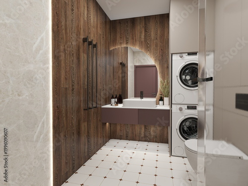 Modern bathroom-laundry with stacked washer-dryer, mauve floating vanity, arched mirror, wood and marble walls, white tiles with brown diamonds, black fixtures. Elegant spa-like atmosphere with warm l