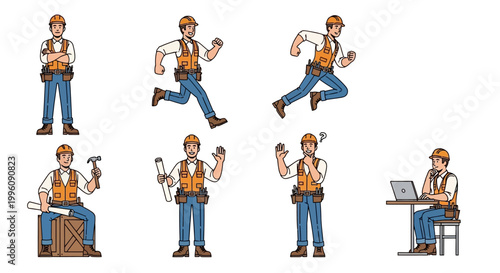 Construction Worker Poses And Actions Set.