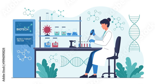 Biotechnology research: scientist in lab working on virus and DNA, science concept