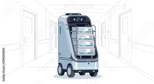 Autonomous delivery robot with shelves in a hospital corridor