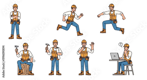 Construction Worker Poses And Actions Set.