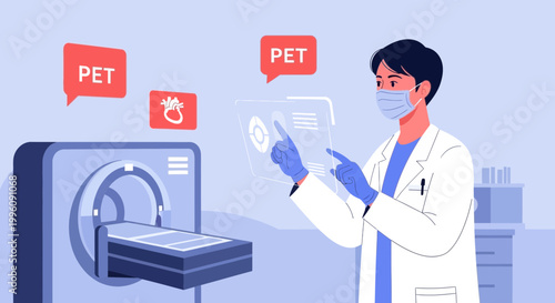 Doctor analyzing PET scan results on futuristic interface, medical technology concept