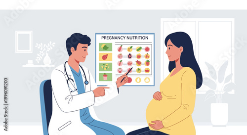 Doctor consults pregnant woman on nutrition chart, healthy pregnancy advice