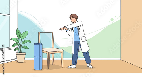 Doctor doing stretching exercises in a bright room, promoting health and wellness