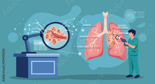 Doctor examines lungs with robotic arm and microscope, lung research, healthcare technology