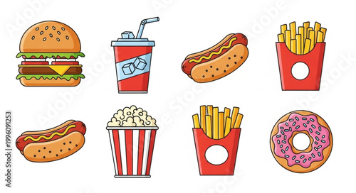 Collection of fast food items and drinks.