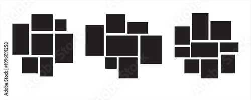 Image collage layout set. Black mosaic mood board grid collection. 7-9 picture composition arrangement. Photo album template for banner, poster, mockup, flyer, brochure, pamphlet, memory wall. Vector
