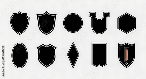 Set of black shield emblems and vintage crest shapes with outline frames for logo design collection