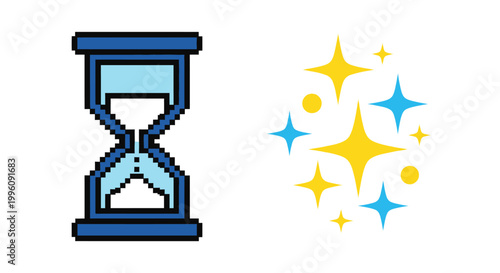Pixel art hourglass with sparkles.