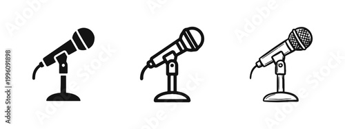 Microphone Icon Set with Stand in Solid, Outline, and Hand-Drawn Styles for Audio Recording and Podcasts