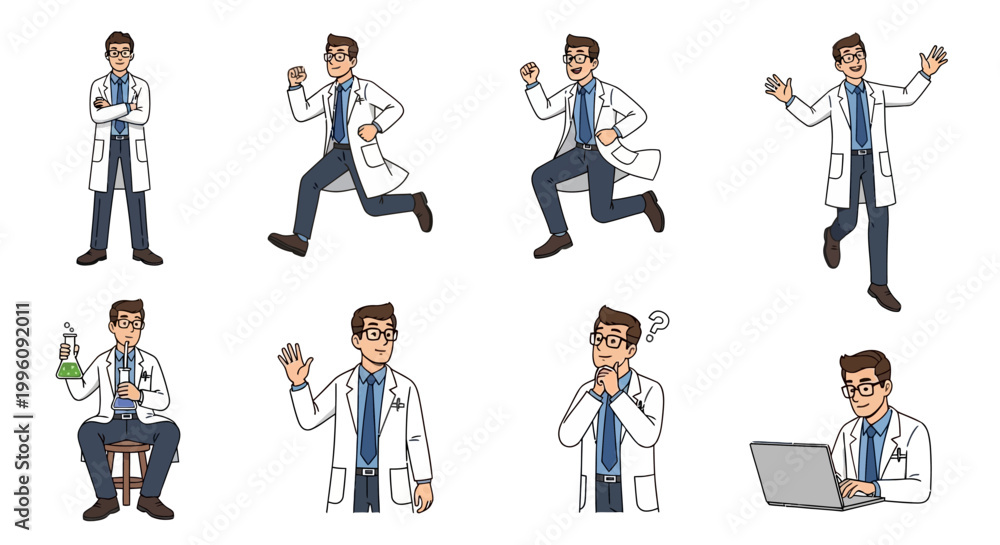 Naklejka premium Doctor Character Poses Collection Medical Professional Actions.
