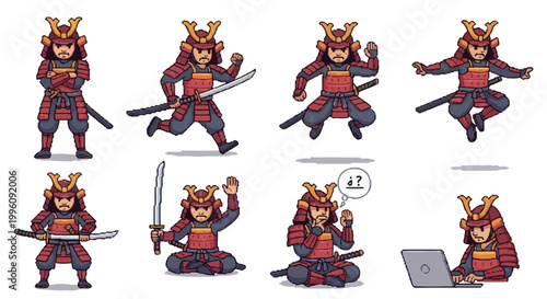 Collection of Samurai Warriors in Various Poses and Actions.