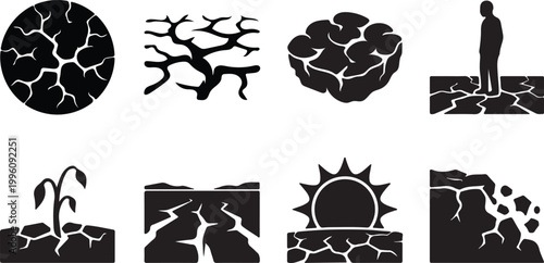 Collection of black silhouettes depicting cracked earth and drought concepts