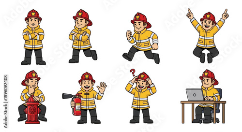 Set of Cartoon Firefighter Characters in Various Poses.