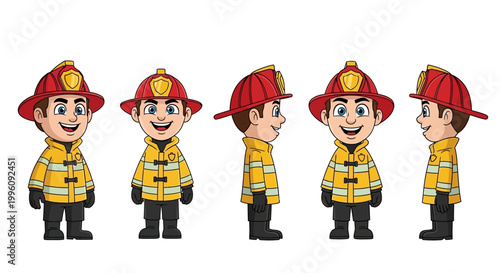 Cartoon Firefighter Character Multiple Views.