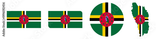 Photography dominica circular, dominica rectangular, and dominica map flag flat icon