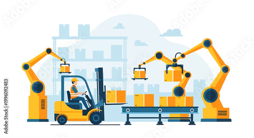 Automated factory with robotic arms and forklift truck.