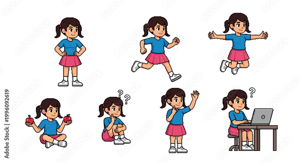 Fototapeta premium Collection of cartoon girl poses and emotions.