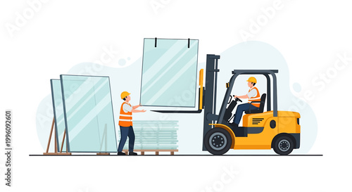 Construction workers using forklift to move large glass panels at a site.