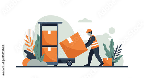 Delivery worker loading boxes onto a cart for transport.