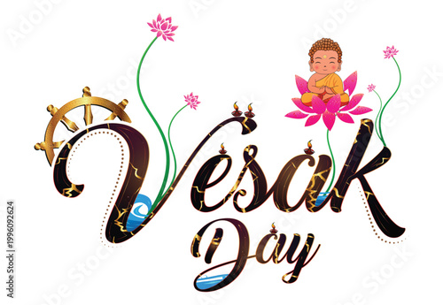 Vesak Day calligraphy with Lord Buddha and lotus flower vector illustration, Buddhist festival greeting card, Buddha Purnima typography for poster and social media banner