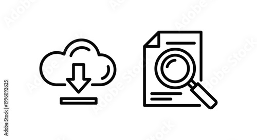 Cloud download and document search icons symbolizing data retrieval and analysis with download document magnifying information internet technology transfer retrieve research analysis