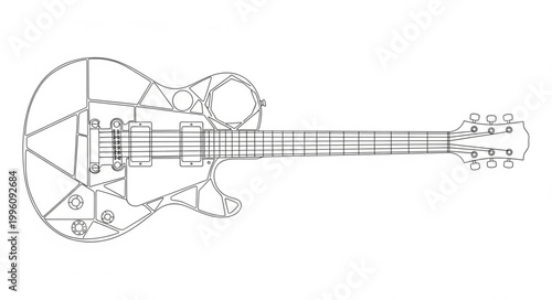 Electric guitar silhouette made of musical notes and symbols.